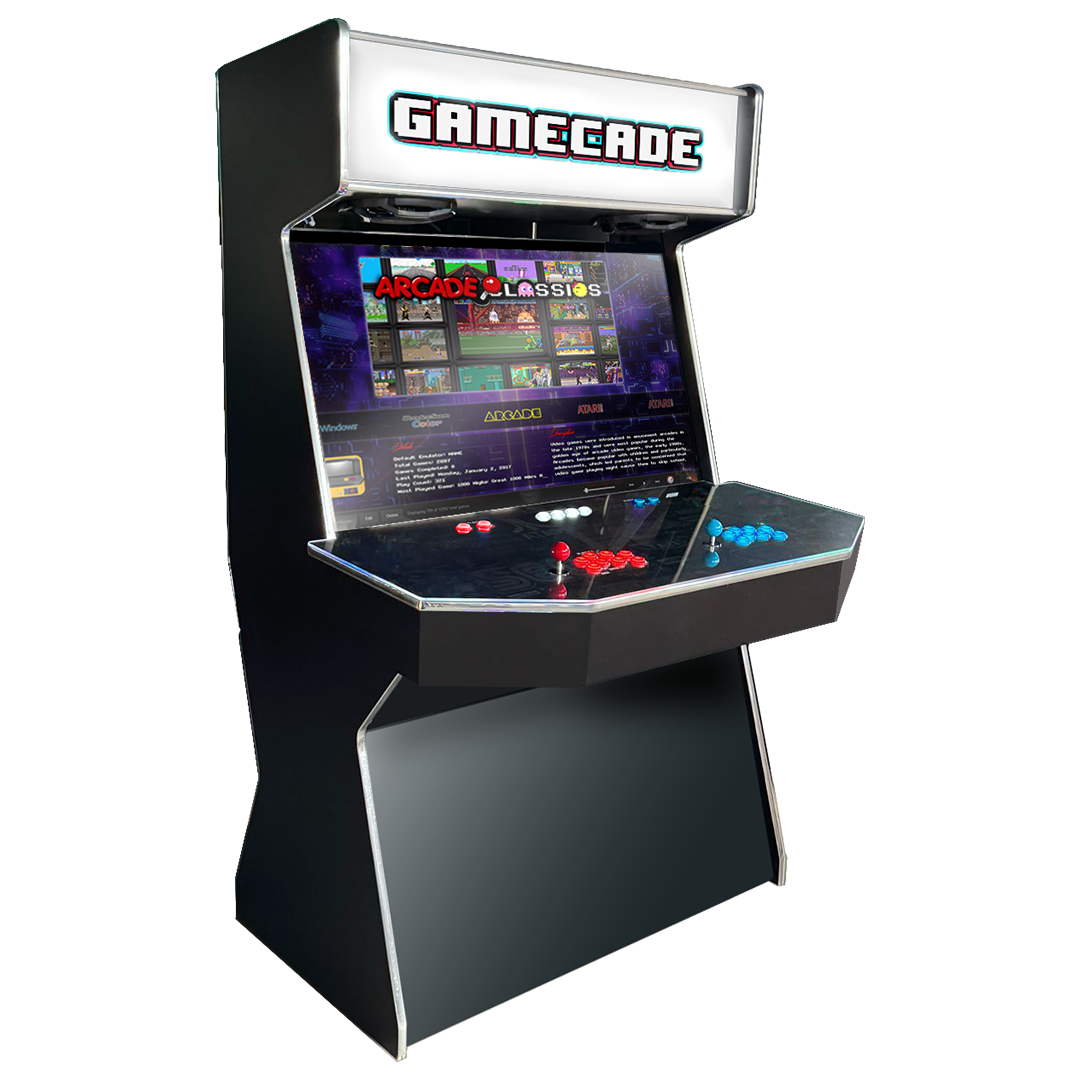 Gamecades signature 43" and 50" display Arcade entertainment systems. Also Available in 4-Player. Facing Left. Elevate your gaming space with Gamecade Arcade Machines!