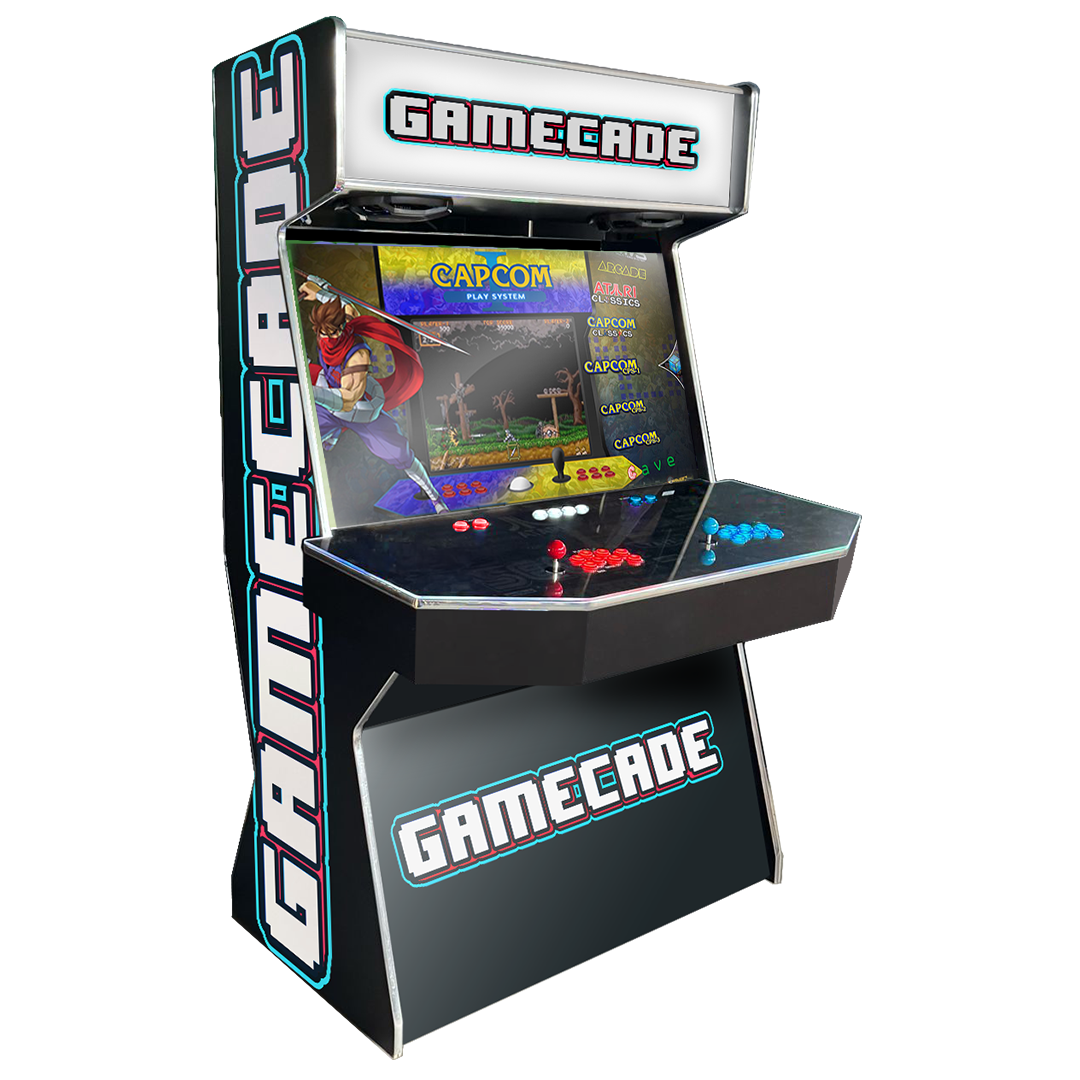 Gamecades signature 43" and 50" display Arcade entertainment systems. Also Available in 4-Player. Facing Left, Showcasing ClassicGC . Elevate your gaming space with Gamecade Arcade Machines!