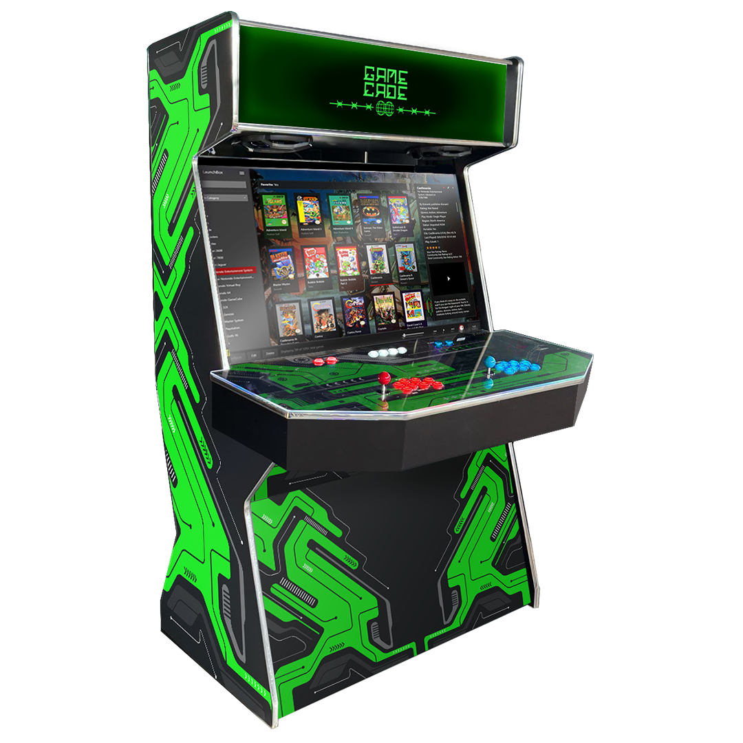 Gamecades signature 43" and 50" display Arcade entertainment systems. Also Available in 4-Player. Facing left, Showcasing Cybercade Design. Elevate your gaming space with Gamecade Arcade Machines!