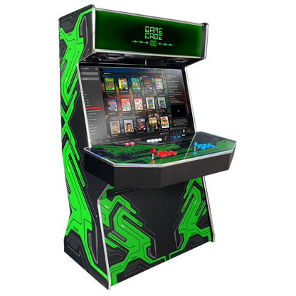 Gamecades signature 43" and 50" display Arcade entertainment systems. Also Available in 4-Player. Facing left, Showcasing Cybercade Design. Elevate your gaming space with Gamecade Arcade Machines!