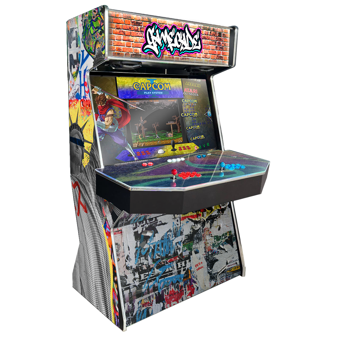 Gamecades signature 43" and 50" display Arcade entertainment systems. Also Available in 4-Player. Facing right, Showcasing Graffiticade. Elevate your gaming space with Gamecade Arcade Machines!