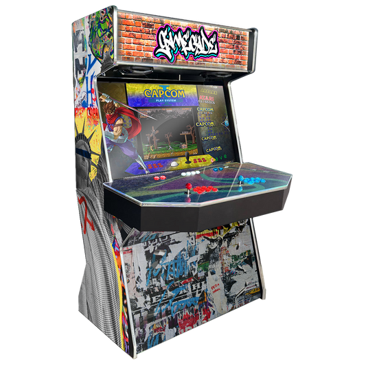 Gamecades signature 43" and 50" display Arcade entertainment systems. Also Available in 4-Player. Facing right, Showcasing Graffiticade. Elevate your gaming space with Gamecade Arcade Machines!