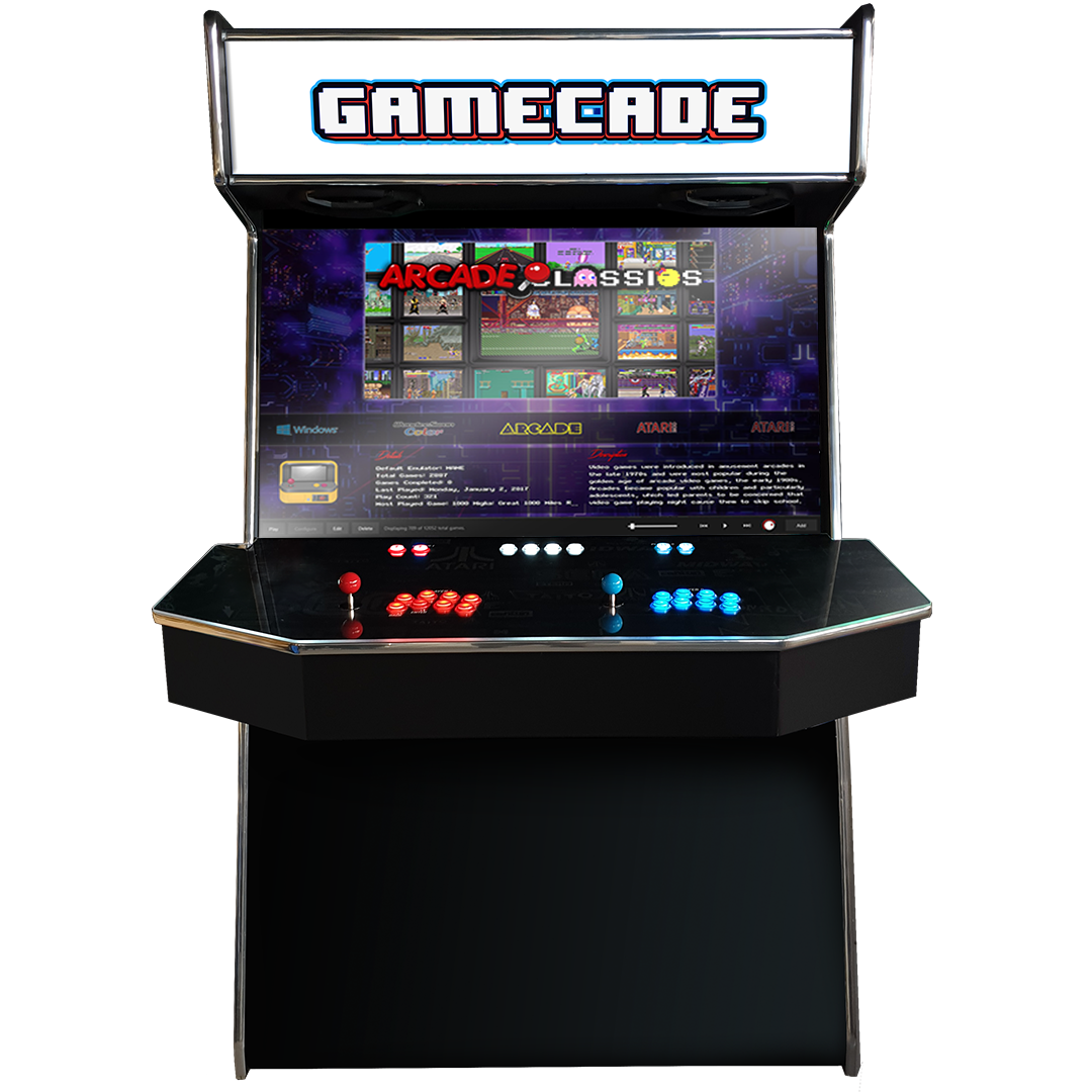 Gamecades signature 43" and 50" display Arcade entertainment systems. Also Available in 4-Player. Facing Front. Elevate your gaming space with Gamecade Arcade Machines!