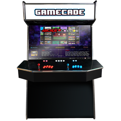 Gamecades signature 43" and 50" display Arcade entertainment systems. Also Available in 4-Player. Facing Front. Elevate your gaming space with Gamecade Arcade Machines!