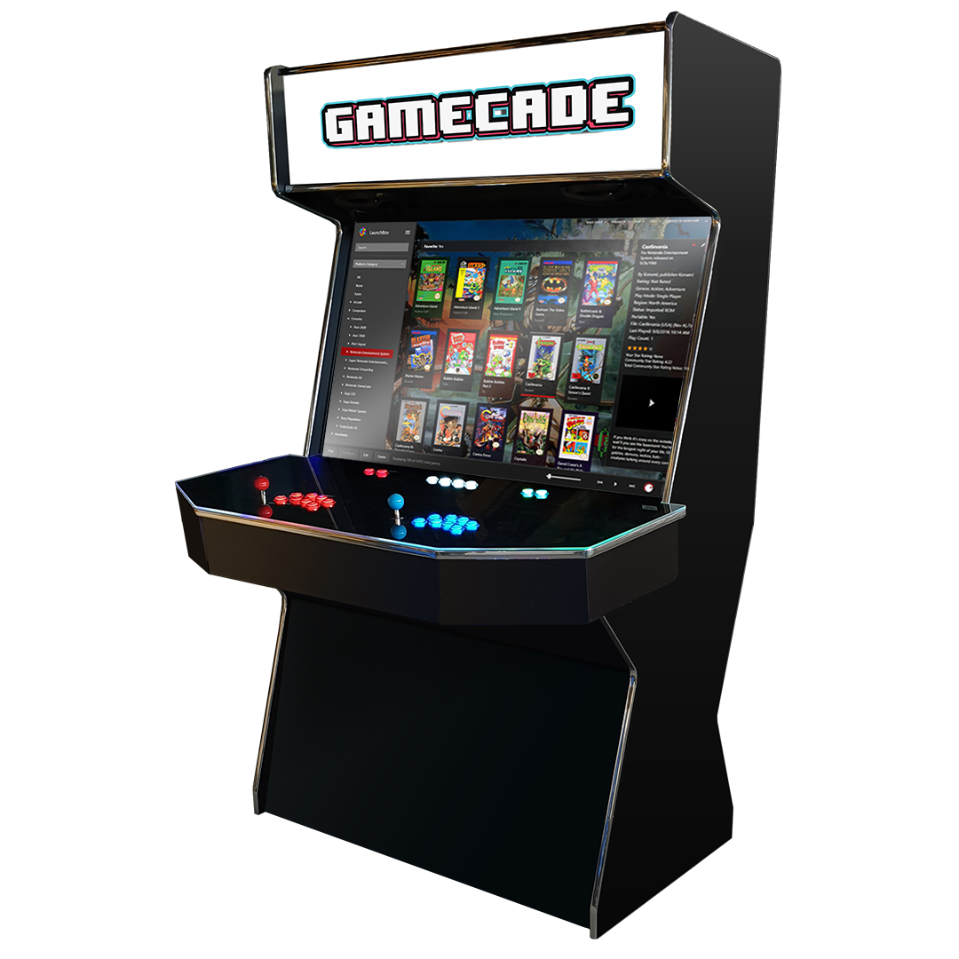 Gamecades signature 43" and 50" display Arcade entertainment systems. Also Available in 4-Player. Facing Right. Elevate your gaming space with Gamecade Arcade Machines!