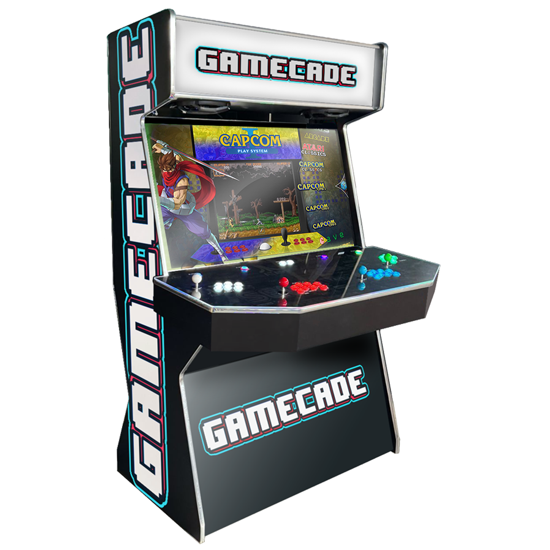 Gamecades signature 43" and 50" display Arcade entertainment systems. Also Available in 2-Player. Facing right, Showcasing ClassicGC Design. Elevate your gaming space with Gamecade Arcade Machines!