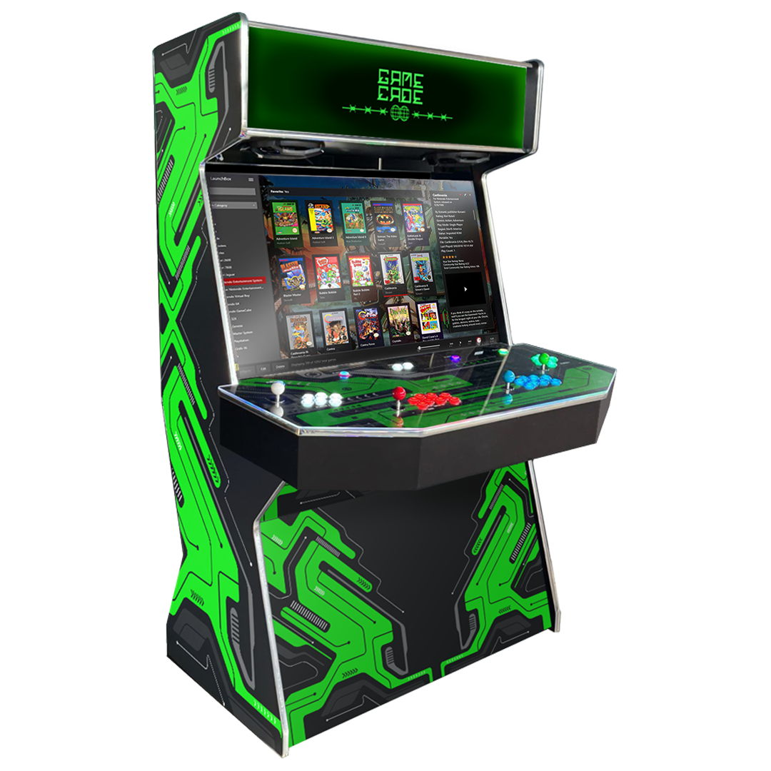 Gamecades signature 43" and 50" display Arcade entertainment systems. Also Available in 2-Player. Facing right, Showcasing Cybercade. Elevate your gaming space with Gamecade Arcade Machines!