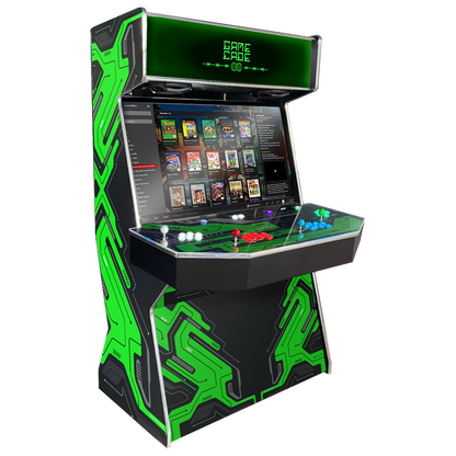 Gamecades signature 43" and 50" display Arcade entertainment systems. Also Available in 2-Player. Facing right, Showcasing Cybercade. Elevate your gaming space with Gamecade Arcade Machines!