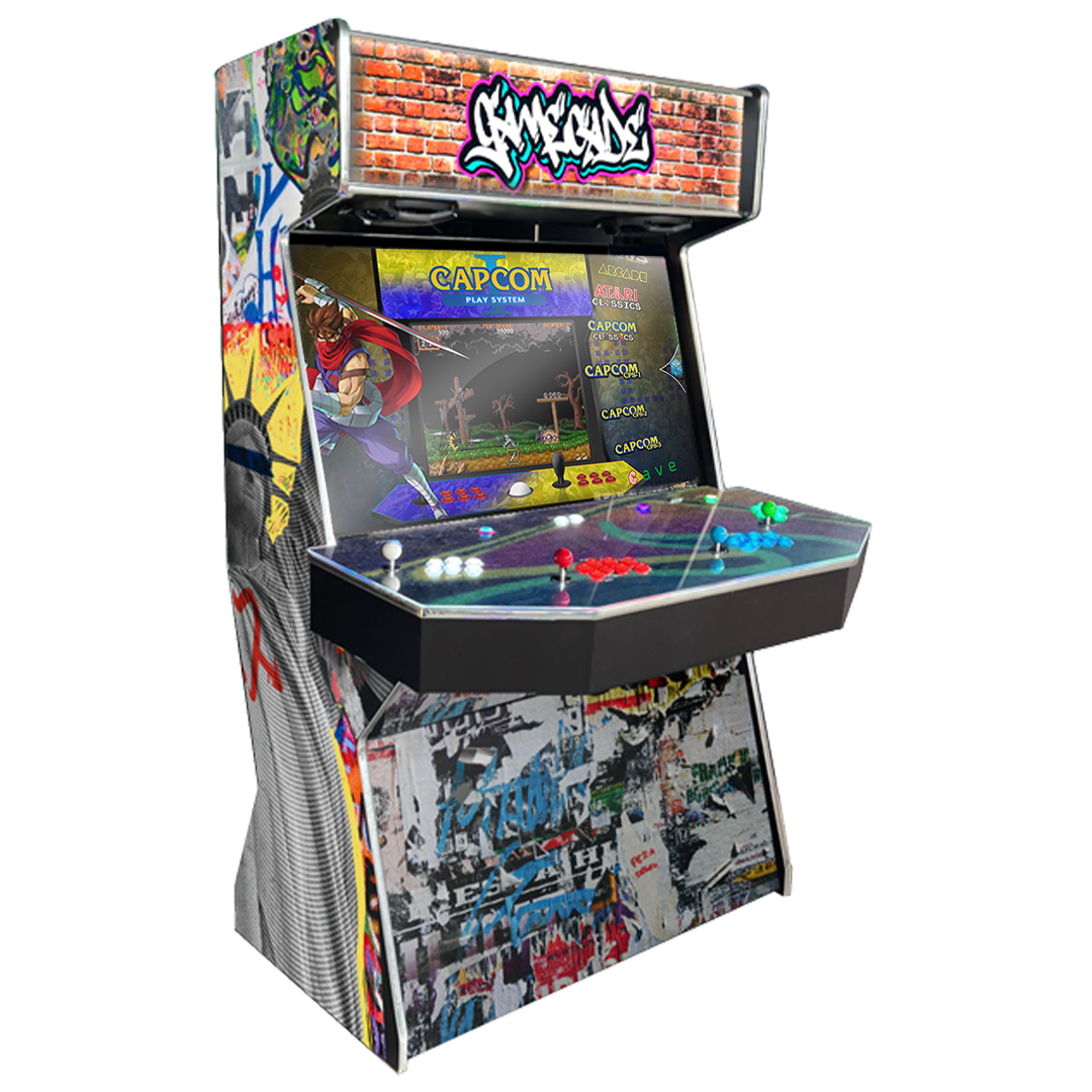 Gamecades signature 43" and 50" display Arcade entertainment systems. Also Available in 2-Player. Facing right, Showcasing Graffiticade. Elevate your gaming space with Gamecade Arcade Machines!