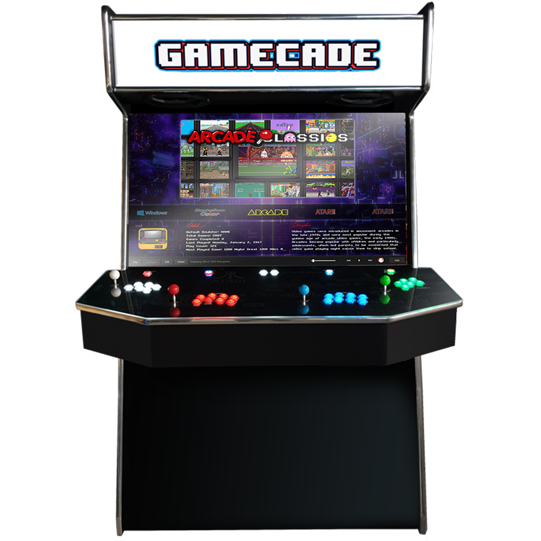 Gamecades signature 43" and 50" display Arcade entertainment systems. Also Available in 2-Player. Facing front. Elevate your gaming space with Gamecade Arcade Machines!