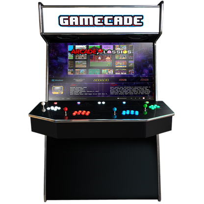 Gamecades signature 43" and 50" display Arcade entertainment systems. Also Available in 2-Player. Facing front. Elevate your gaming space with Gamecade Arcade Machines!