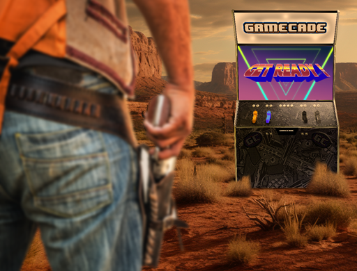 Gamecade shooter Arcade Machine in a western setting with a cowboy