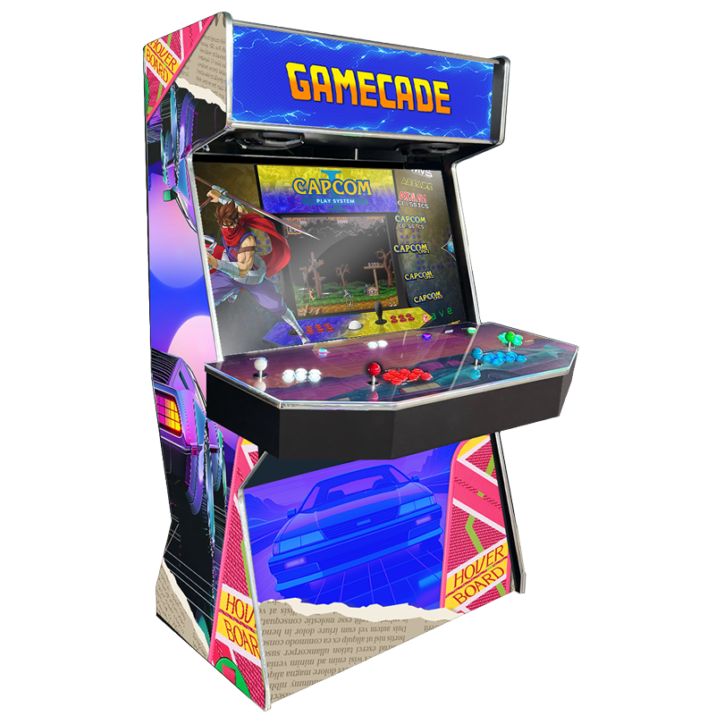 Back In Time Gamecade arcade machine inspired by Back to the Future, featuring iconic movie graphics, custom LED lighting, and high-resolution display for a nostalgic arcade gaming experience.