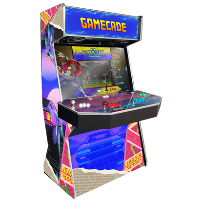 Back In Time Gamecade arcade machine inspired by Back to the Future, featuring iconic movie graphics, custom LED lighting, and high-resolution display for a nostalgic arcade gaming experience.