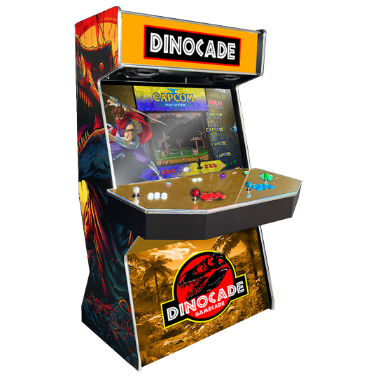 Dinocade Gamecade arcade machine inspired by Jurassic Park, featuring dinosaur-themed graphics, immersive LED lighting, and high-resolution display for a thrilling arcade gaming experience.