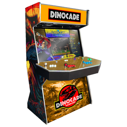 Dinocade Gamecade arcade machine inspired by Jurassic Park, featuring dinosaur-themed graphics, immersive LED lighting, and high-resolution display for a thrilling arcade gaming experience.