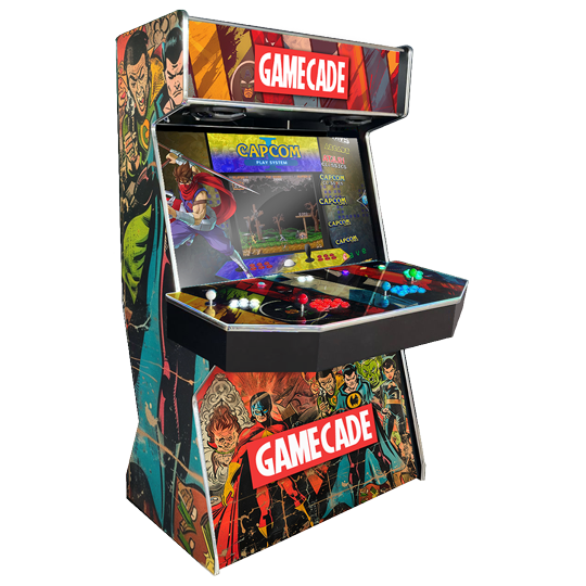 Comicade Gamecade arcade machine inspired by Marvel, featuring superhero-themed graphics, vibrant LED lighting, and high-resolution display for an epic arcade gaming experience.