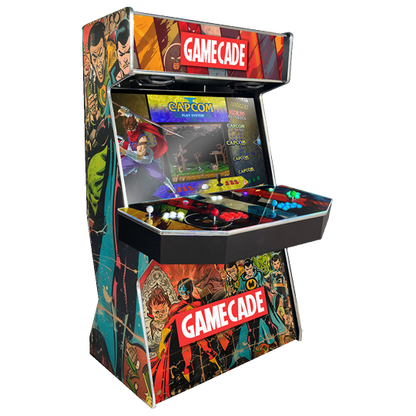 Comicade Gamecade arcade machine inspired by Marvel, featuring superhero-themed graphics, vibrant LED lighting, and high-resolution display for an epic arcade gaming experience.