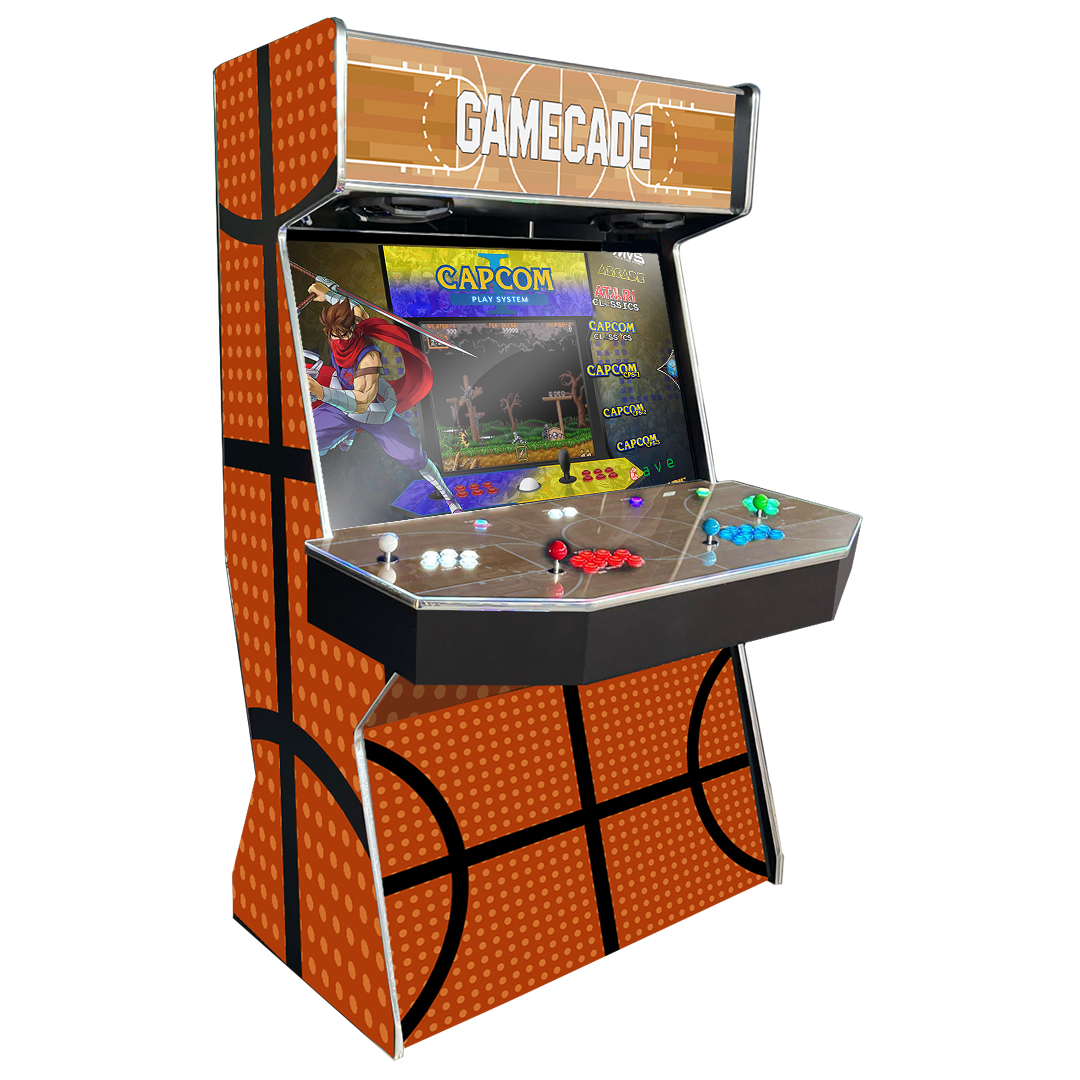 3 Pointer Gamecade arcade machine inspired by NBA Jam, featuring basketball-themed graphics, custom LED lighting, and high-resolution display for an action-packed arcade gaming experience.