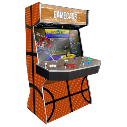 3 Pointer Gamecade arcade machine inspired by NBA Jam, featuring basketball-themed graphics, custom LED lighting, and high-resolution display for an action-packed arcade gaming experience.