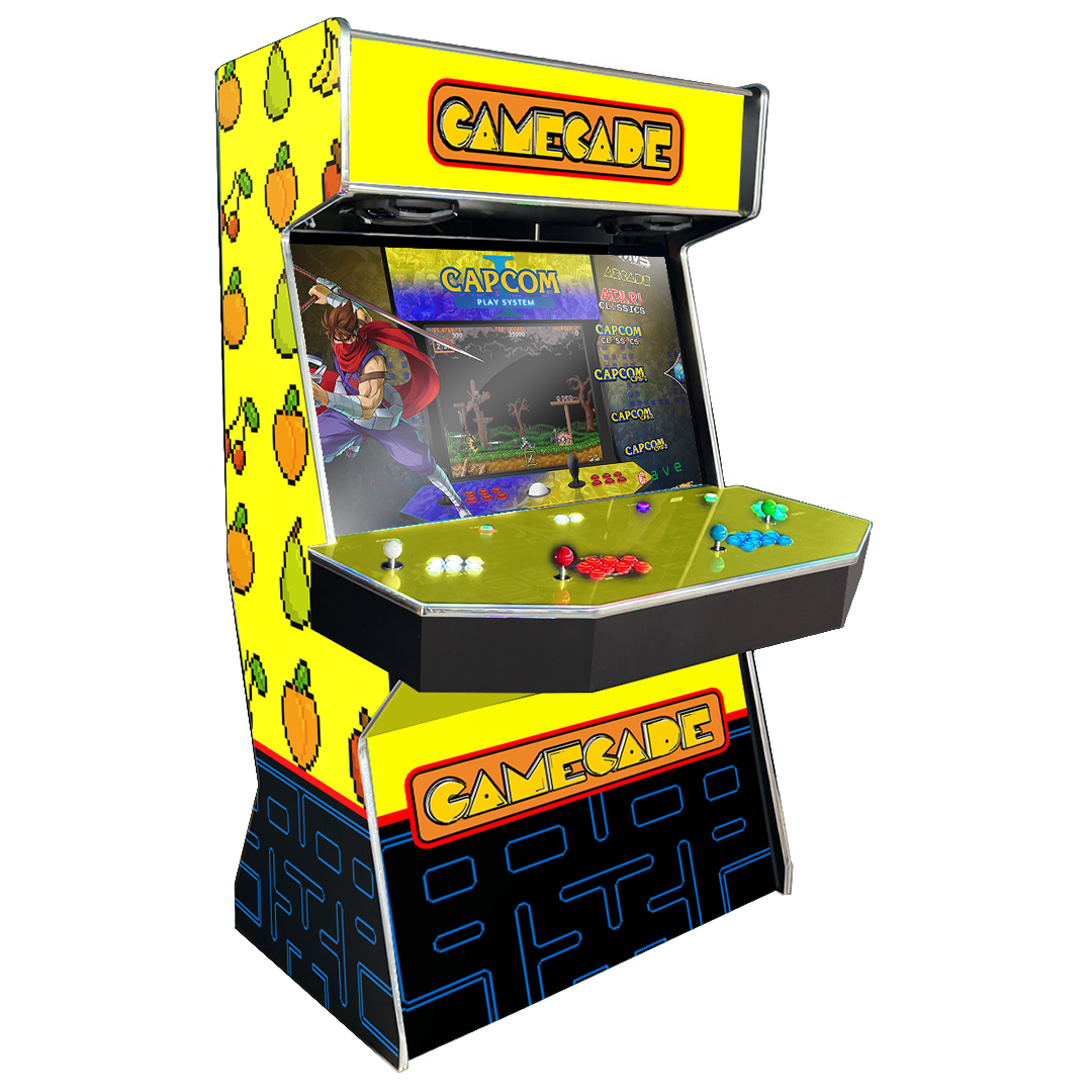 Maze Munch Gamecade arcade machine inspired by Pac-Man, featuring classic maze and ghost-themed graphics, custom LED lighting, and high-resolution display for a nostalgic arcade gaming experience.