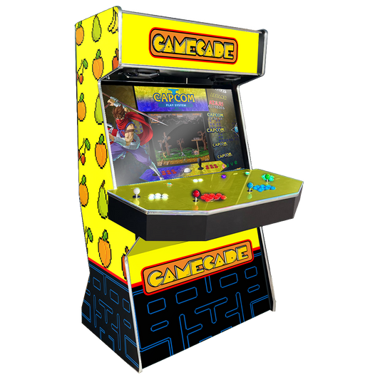 Maze Munch Gamecade arcade machine inspired by Pac-Man, featuring classic maze and ghost-themed graphics, custom LED lighting, and high-resolution display for a nostalgic arcade gaming experience.