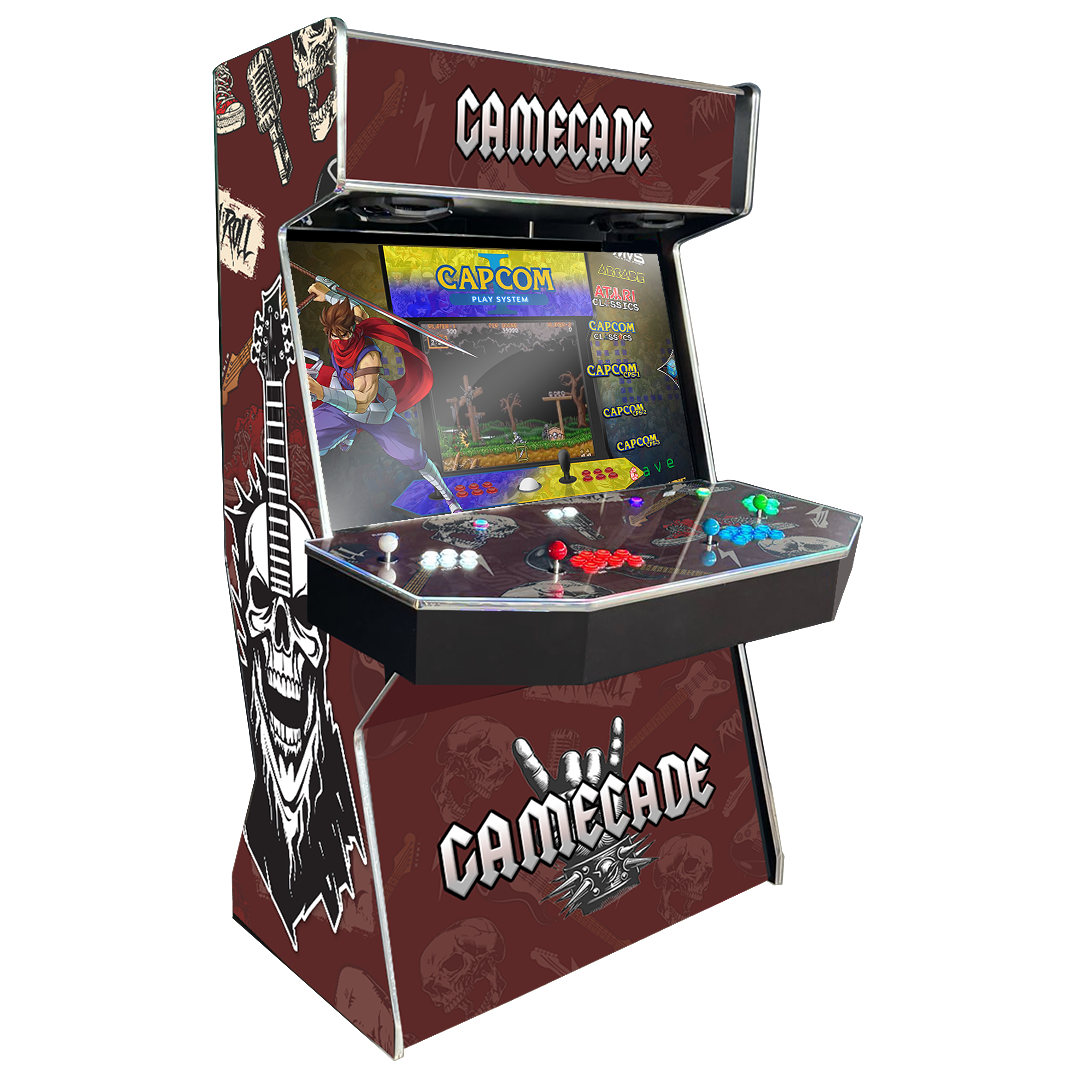 Rock & Roll Cade Gamecade arcade machine inspired by rock music, featuring vibrant music-themed graphics, custom LED lighting, and high-resolution display for an electrifying arcade gaming experience.