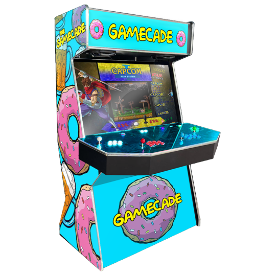 Donutcade Gamecade arcade machine inspired by The Simpsons, featuring playful donut-themed graphics, custom LED lighting, and high-resolution display for a fun, nostalgic arcade experience.