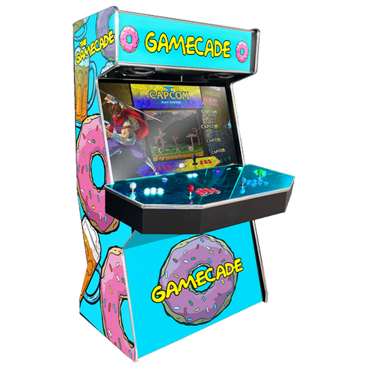 Donutcade Gamecade arcade machine inspired by The Simpsons, featuring playful donut-themed graphics, custom LED lighting, and high-resolution display for a fun, nostalgic arcade experience.