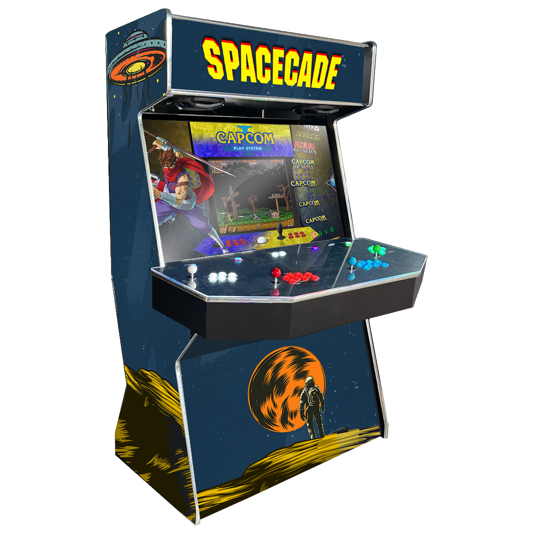 Spacecade Gamecade arcade machine inspired by Space Invaders, featuring retro alien graphics, custom LED lighting, and high-resolution display for an engaging arcade gaming experience.