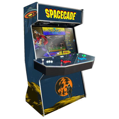 Spacecade Gamecade arcade machine inspired by Space Invaders, featuring retro alien graphics, custom LED lighting, and high-resolution display for an engaging arcade gaming experience.