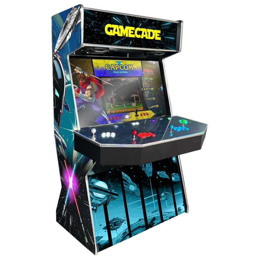 Starcade Gamecade arcade machine inspired by Star Wars, featuring epic space-themed graphics, custom LED lighting, and high-resolution display for an immersive arcade gaming experience.