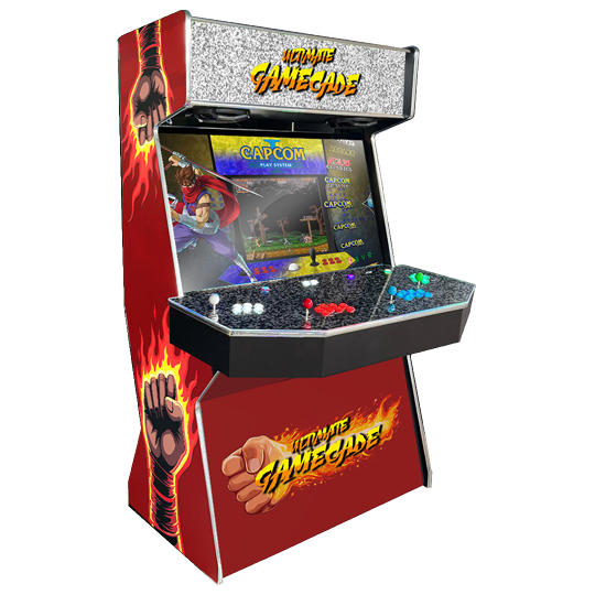 Fighter Cade Gamecade arcade machine inspired by Street Fighter, featuring iconic fighting game graphics, custom LED lighting, and high-resolution display for an authentic arcade experience.