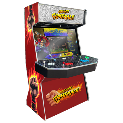 Fighter Cade Gamecade arcade machine inspired by Street Fighter, featuring iconic fighting game graphics, custom LED lighting, and high-resolution display for an authentic arcade experience.