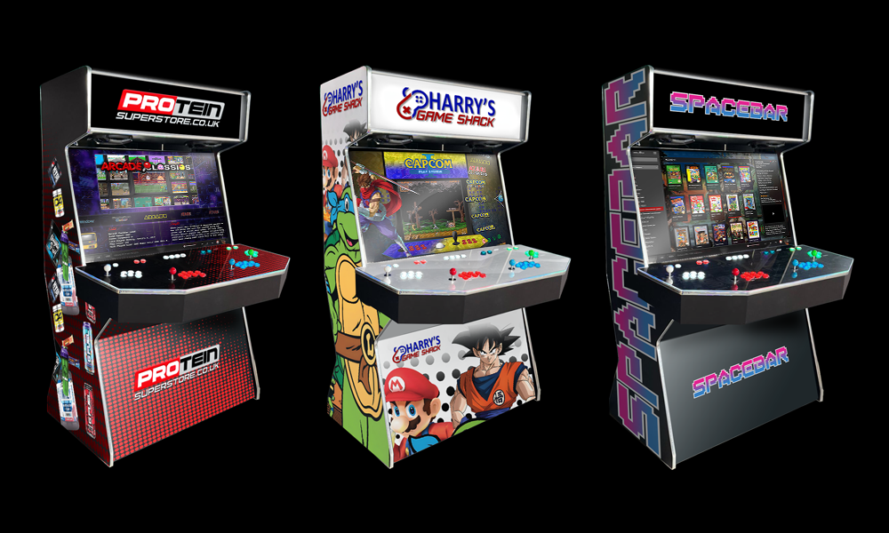 Gamecade branded machines image showcasing a lineup of stylish arcade machines with the Gamecade logo, highlighting their unique designs and features for an authentic arcade experience.