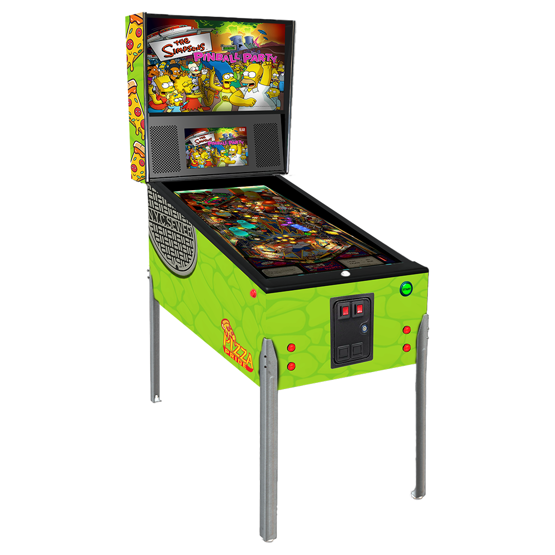 Gamecade Pincade Pizzacade 3-in-1 virtual pinball machine, featuring playful pizza-themed graphics and versatile gaming options, including pinball, arcade, and light gun modes for endless fun.