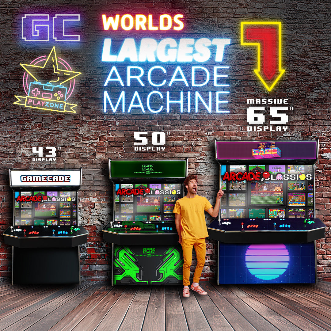 Gamecade Supercade arcade machine, featuring a massive 65-inch display with sleek design, and multi-player functionality, perfect for immersive arcade gaming.