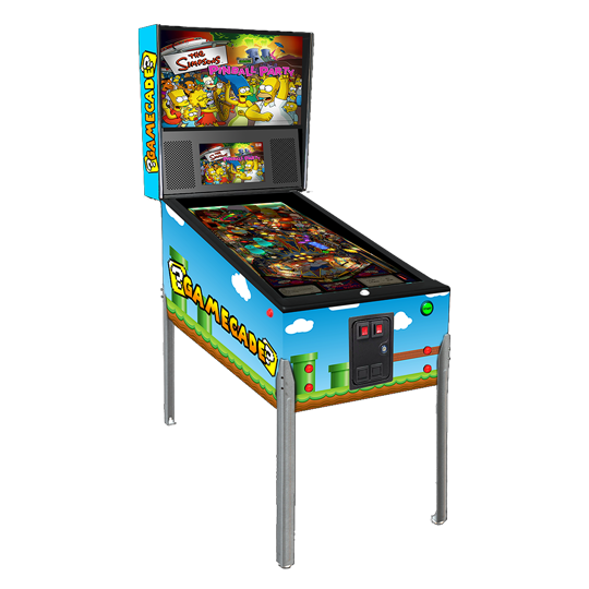 Super Gamecade Bros Gamecade virtual pinball machine inspired by Mario, featuring iconic game graphics, vibrant LED lighting, and high-resolution playfield for a nostalgic and exciting pinball experience.