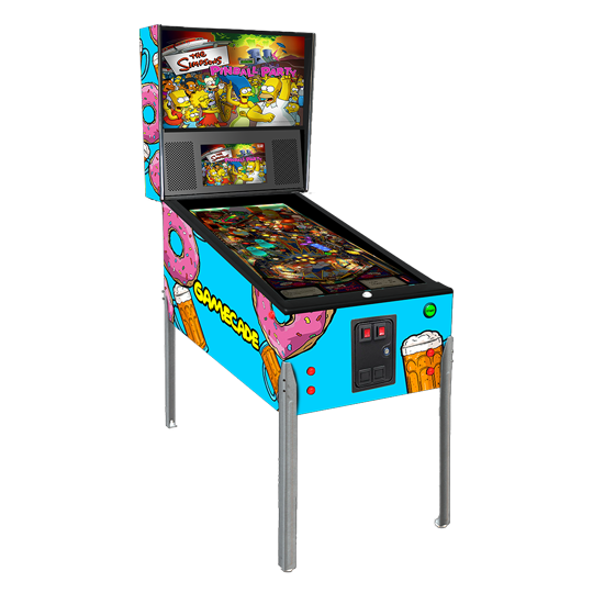 Donutcade 2.0 Gamecade virtual pinball machine inspired by The Simpsons, featuring donut-themed graphics, vibrant LED lighting, and high-resolution playfield for a fun and nostalgic pinball experience.