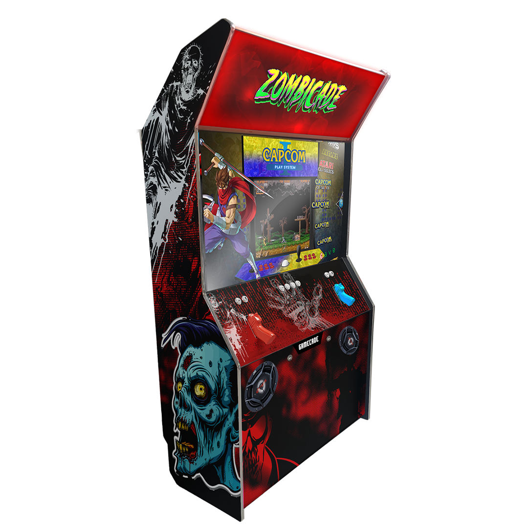 Gamecade:Shootercade, the ultimate home Lightgun Arcade machine! 43" and 50" display arcade systems. Also Available in 4-Player Models. Facing Right, Showcasing Zombicade. Transform Your Gaming space with Gamecade : Shootercade Lighgun Arcade Machines.