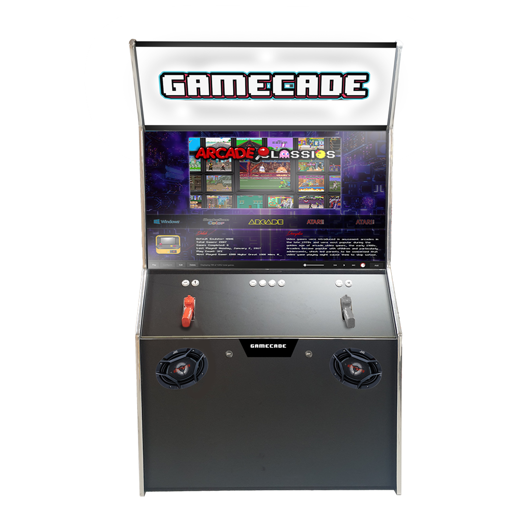 Gamecade:Shootercade, the ultimate home Lightgun Arcade machine! 43" and 50" display arcade systems. Also Available in 4-Player Models. Facing front. Transform Your Gaming space with Gamecade : Shootercade Lighgun Arcade Machines.