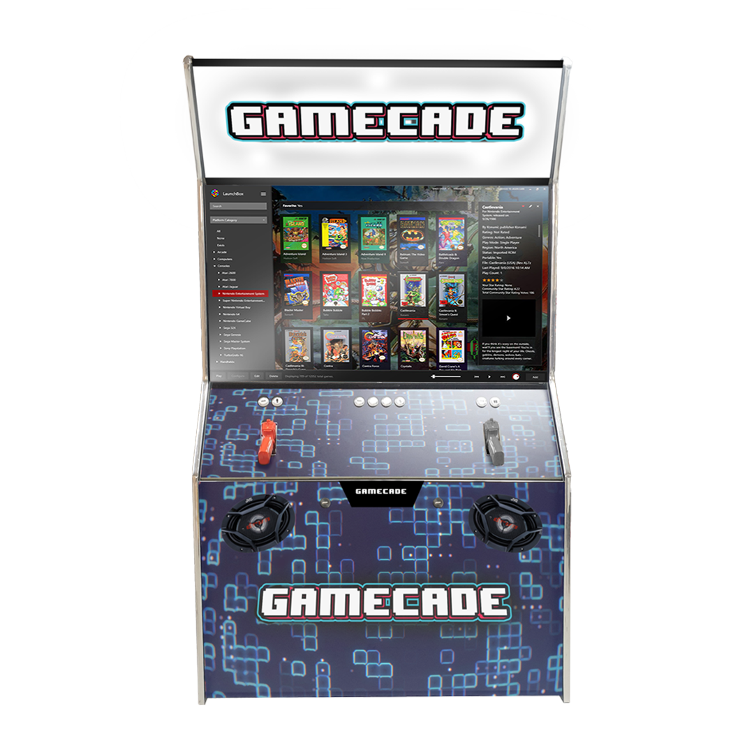 Gamecade:Shootercade, the ultimate home Lightgun Arcade machine! 43" and 50" display arcade systems. Also Available in 4-Player Models. Facing front, Showcasing ClassicSC Design. Transform Your Gaming space with Gamecade : Shootercade Lightgun Arcade Machines.