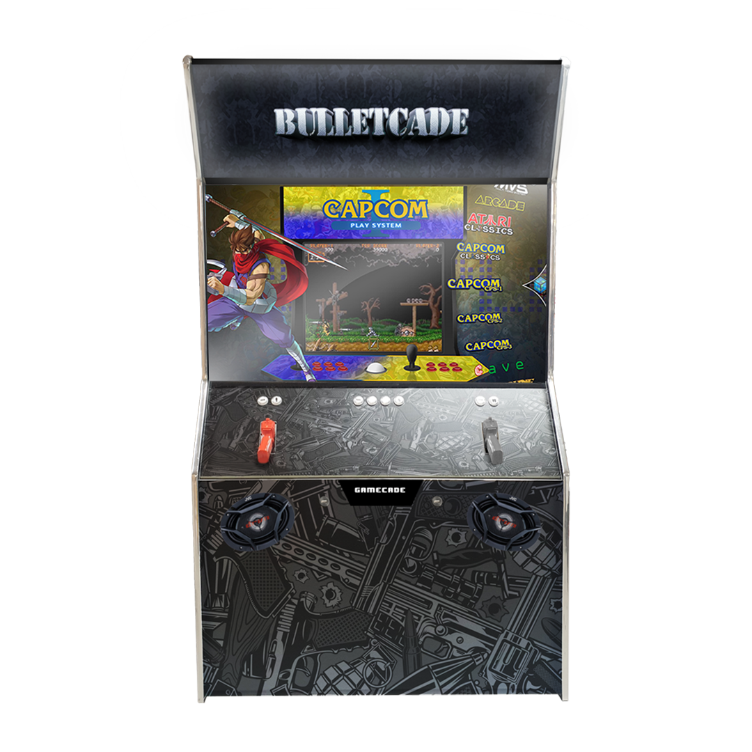 Gamecade:Shootercade, the ultimate home Lightgun Arcade machine! 43" and 50" display arcade systems. Also Available in  4-Player Models. Facing front, Showcasing Bulletcade. Transform Your Gaming space with Gamecade : Shootercade Lightgun Arcade Machines.