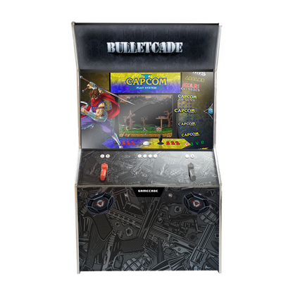 Gamecade:Shootercade, the ultimate home Lightgun Arcade machine! 43" and 50" display arcade systems. Also Available in  4-Player Models. Facing front, Showcasing Bulletcade. Transform Your Gaming space with Gamecade : Shootercade Lightgun Arcade Machines.