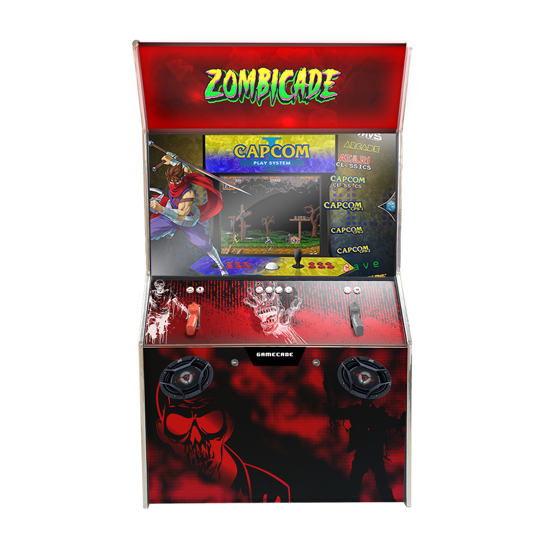 Gamecade:Shootercade, the ultimate home Lightgun Arcade machine! 43" and 50" display arcade systems. Also Available in 4-Player Models. Facing front, Showcasing Zombicade. Transform Your Gaming space with Gamecade : Shootercade Lighgun Arcade Machines.
