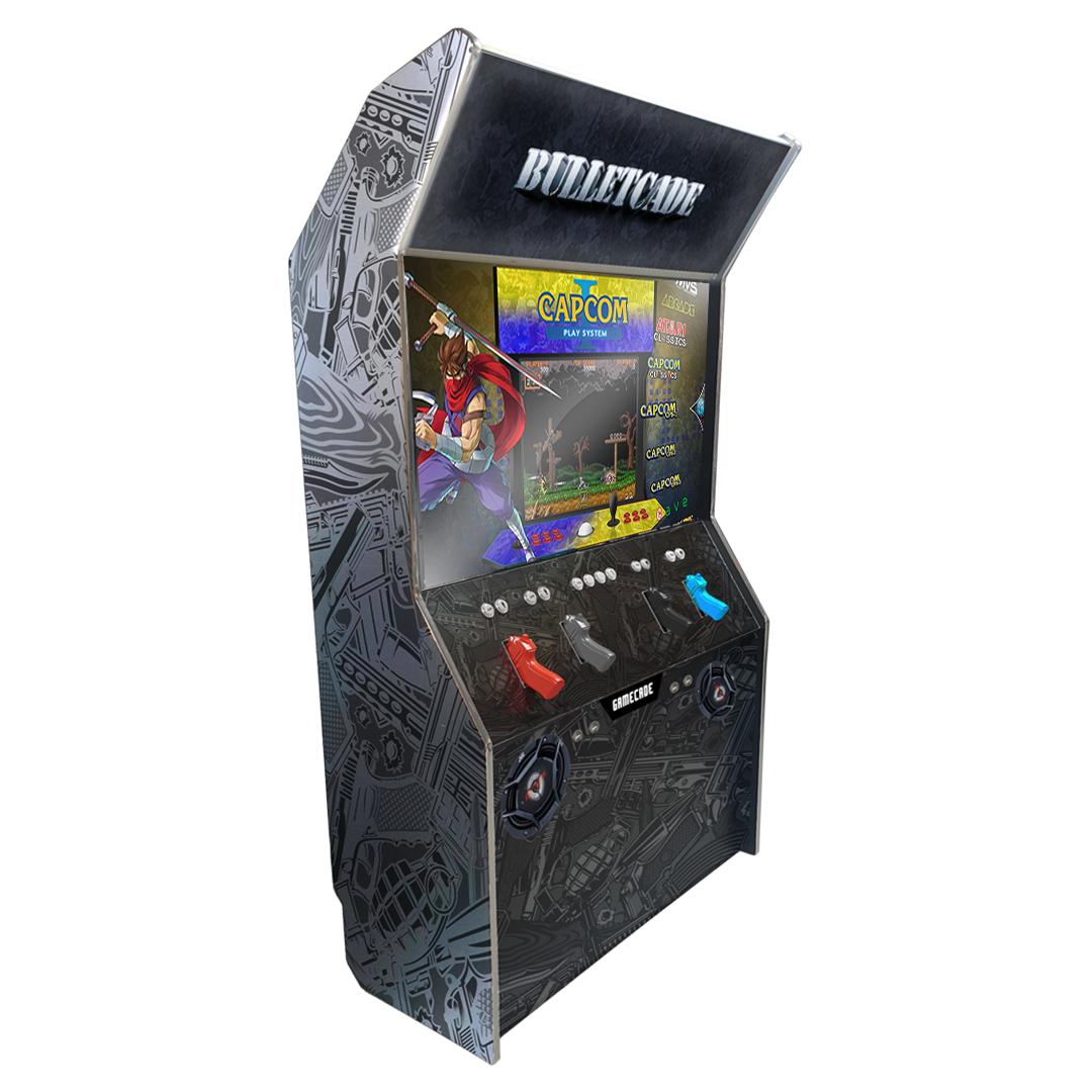 Gamecade:Shootercade, the ultimate home Lightgun Arcade machine! 43" and 50" display arcade systems. Also Available in 2-Player Models. Facing right, Showcasing Bulletcade. Transform Your Gaming space with Gamecade : Shootercade Lightgun Arcade Machines.