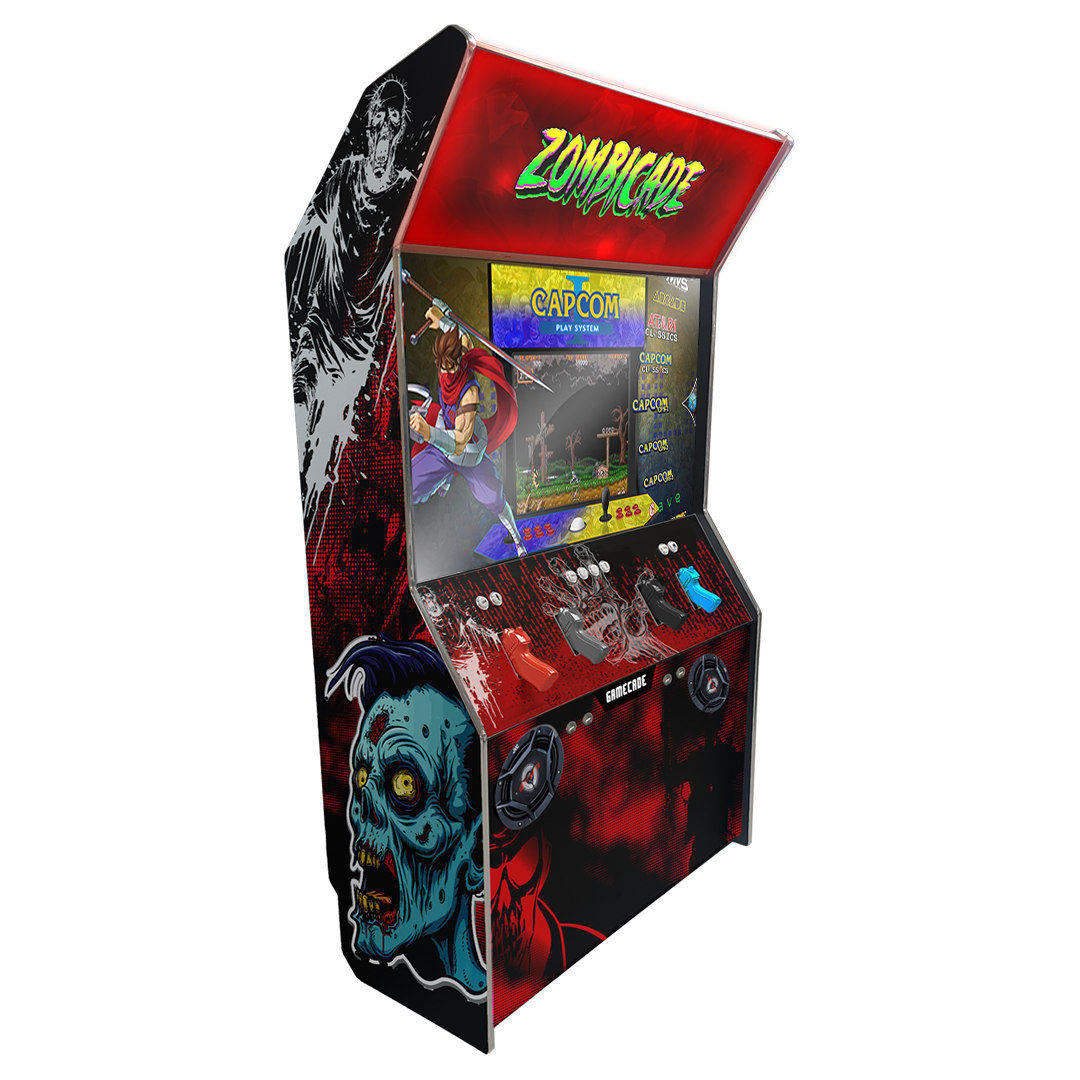 Gamecade:Shootercade, the ultimate home Lightgun Arcade machine! 43" and 50" display arcade systems. Also Available in 2-Player Models. Facing right, Showcasing Zombiucade. Transform Your Gaming space with Gamecade : Shootercade Lightgun Arcade Machines.