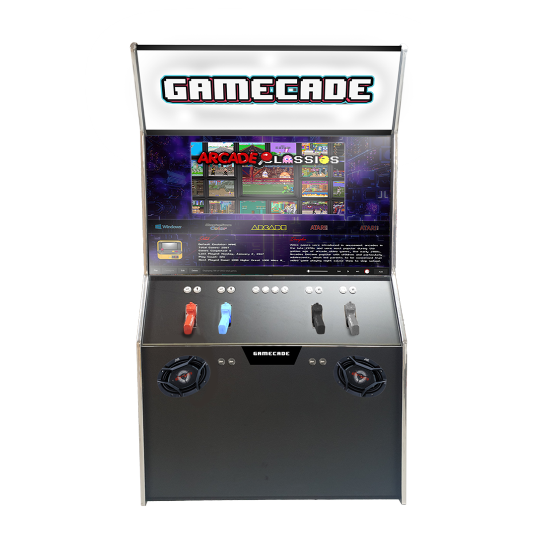 Gamecade:Shootercade, the ultimate home Lightgun Arcade machine! 43" and 50" display arcade systems. Also Available in 2-Player Models. Facing front. Transform Your Gaming space with Gamecade : Shootercade Lightgun Arcade Machines.