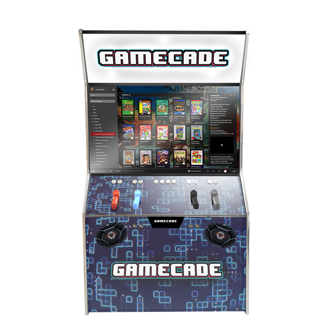 Gamecade:Shootercade, the ultimate home Lightgun Arcade machine! 43" and 50" display arcade systems. Also Available in 2-Player Models. Facing front, Showcasing ClassicSC. Transform Your Gaming space with Gamecade : Shootercade Lightgun Arcade Machines.