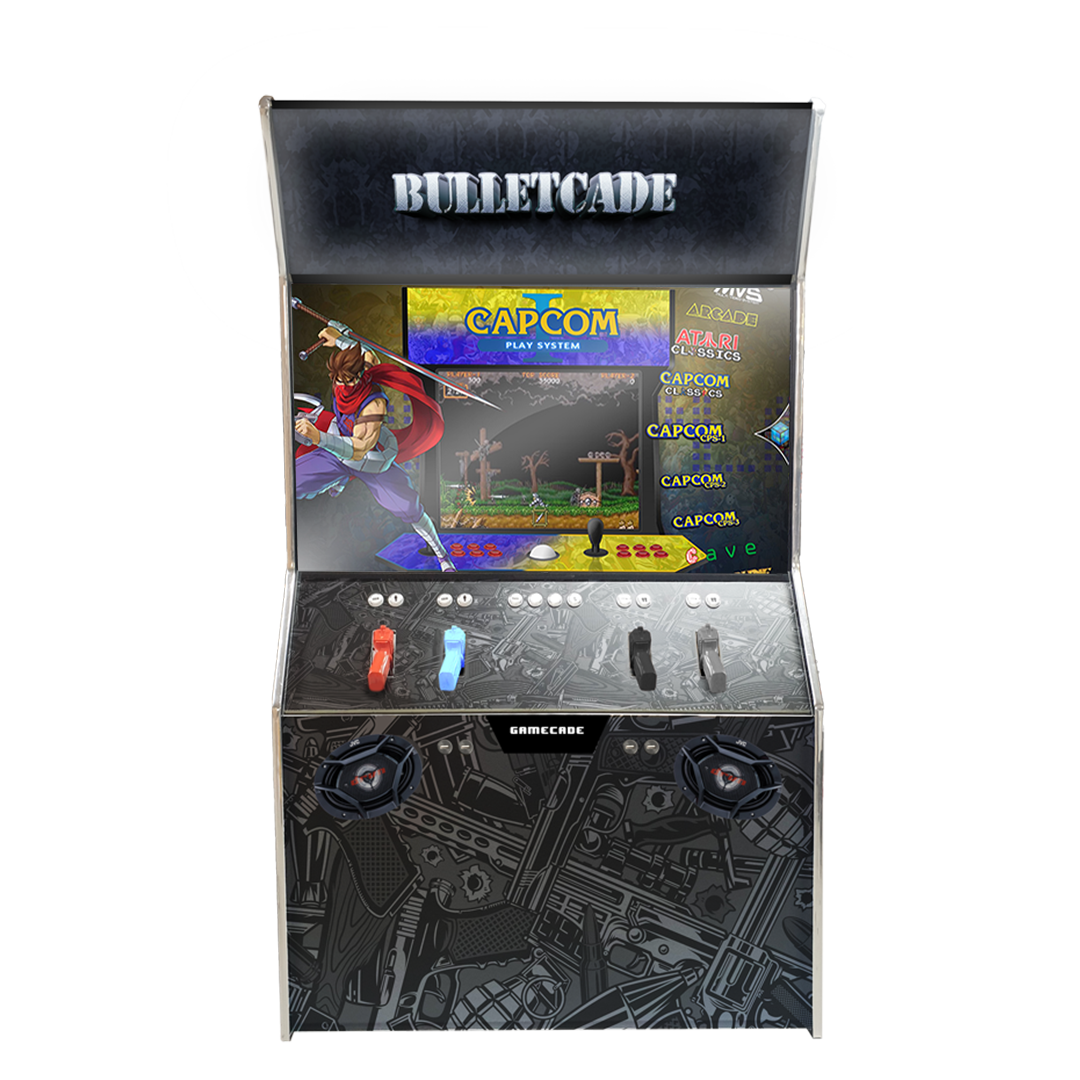 Gamecade:Shootercade, the ultimate home Lightgun Arcade machine! 43" and 50" display arcade systems. Also Available in 2-Player Models. Facing front, Showcasing Bulletcade. Transform Your Gaming space with Gamecade : Shootercade Lightgun Arcade Machines.